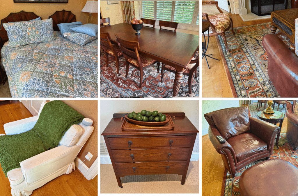 Highlights include a ProForm recumbent bike, Monument grill, Vermont Castings Signature BBQ, handwoven rugs, Ethan Allen dining table and chairs, leather chair with hobnail trim, vintage music cabinet, wrought iron coffee table, armoire with mirror, noir framed art, lithographs, bookcases, treadmill, patio dining set, blue leather chair and ottoman, upholstered beige sectional, original art, desks, bar stools, outdoor pots, and décor.