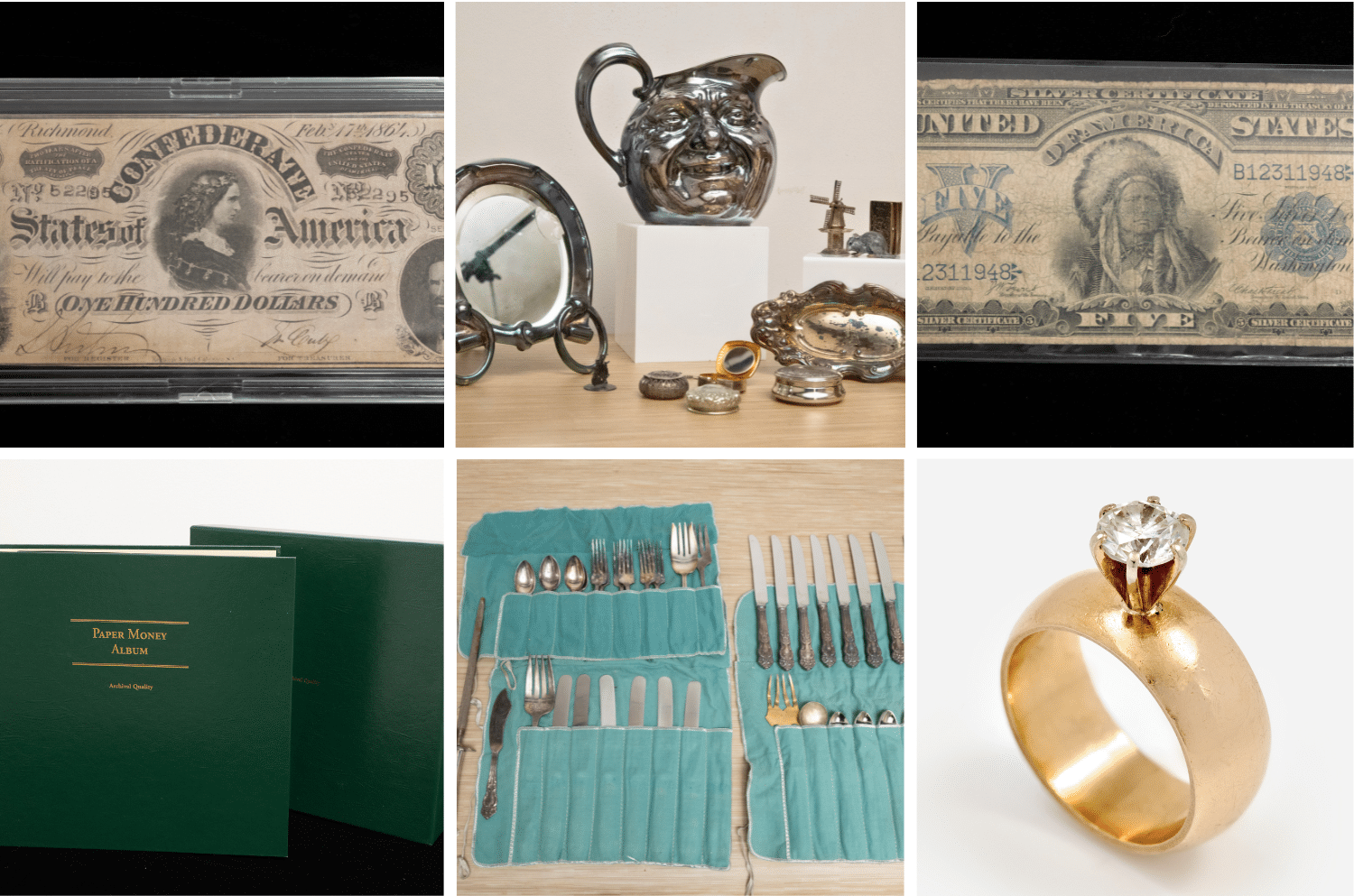 Highlights include Gold Certificates, Silver Certificates, Federal Reserve and Legal Tender Notes, Confederate currency, a Louis Vuitton Papillon handbag, Prada sunglasses, artwork by Eric Persson and Larry Thomas, Dian Malouf jewelry, Century Furniture sofas, Hancock & Moore power recliners, a grandfather clock, and more.