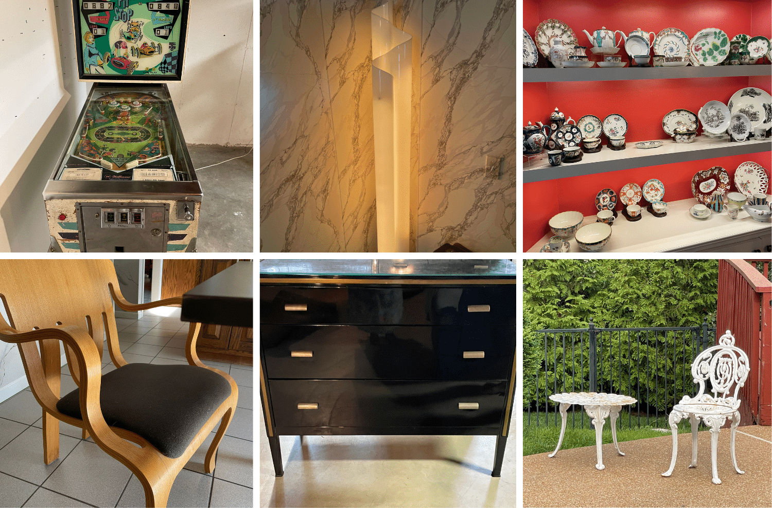 Highlights include a Steinway piano, 1968 Williams Pit Stop pinball machine, Fender amplifier, Peter Danko furniture, MCM furniture, kitchenware, lamps, & dishes, Wedgwood, Royal Copenhagen, Royal Worcester "Evesham" dishes, stoneware sets, art pottery. A mahogany dining table & chairs, Russell Woodard canopy wrought iron chairs and more outdoor patio furniture, concrete planters, yard statues, an antique twig rocker, and much more.