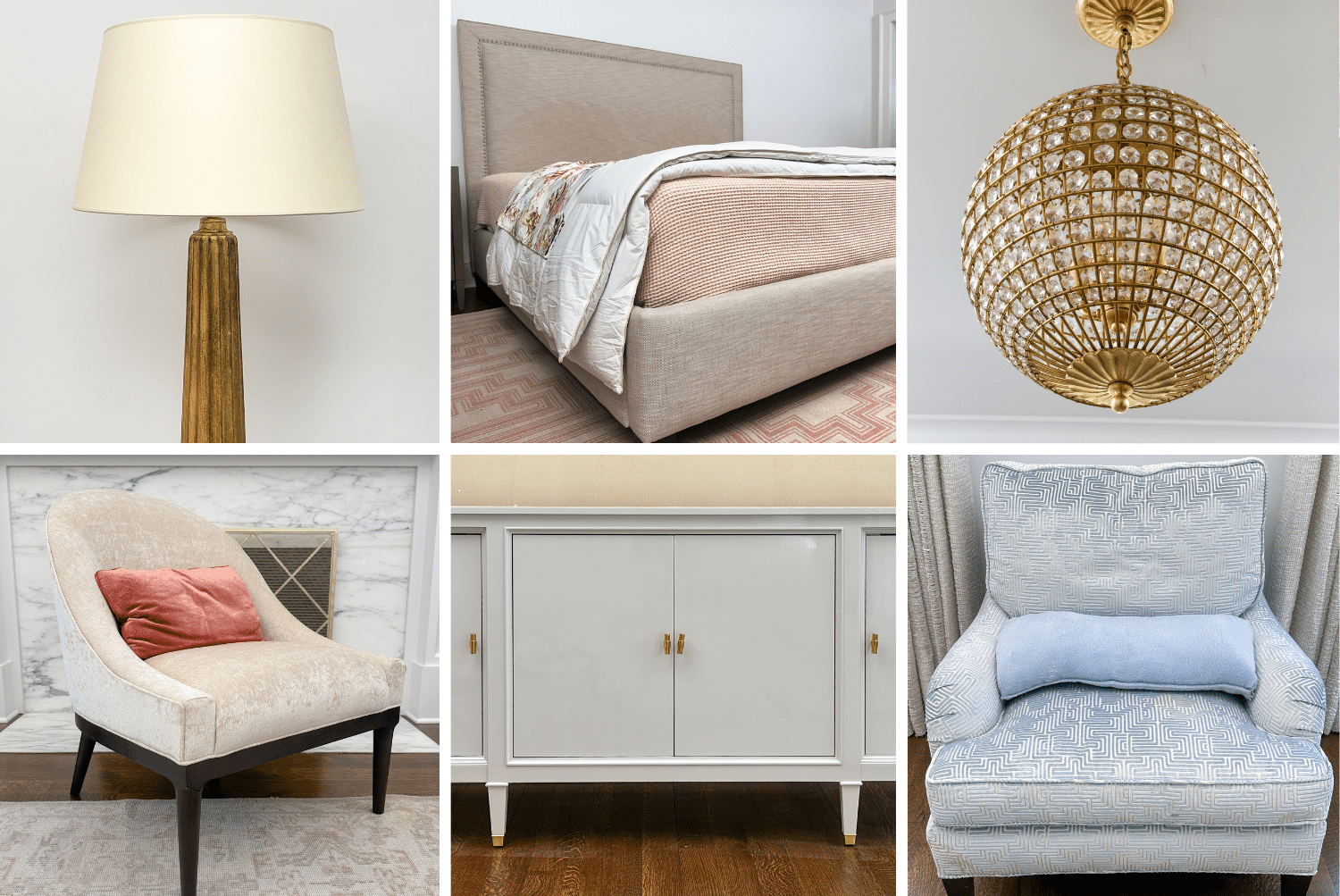 Highlights include Visual Comfort “Adele” chandeliers and table lamps, Mitchell Gold + Bob Williams chairs, furniture purchased from Nell Hills, an Orion milk glass globe six-light chandelier, and a king-size upholstered bed.
